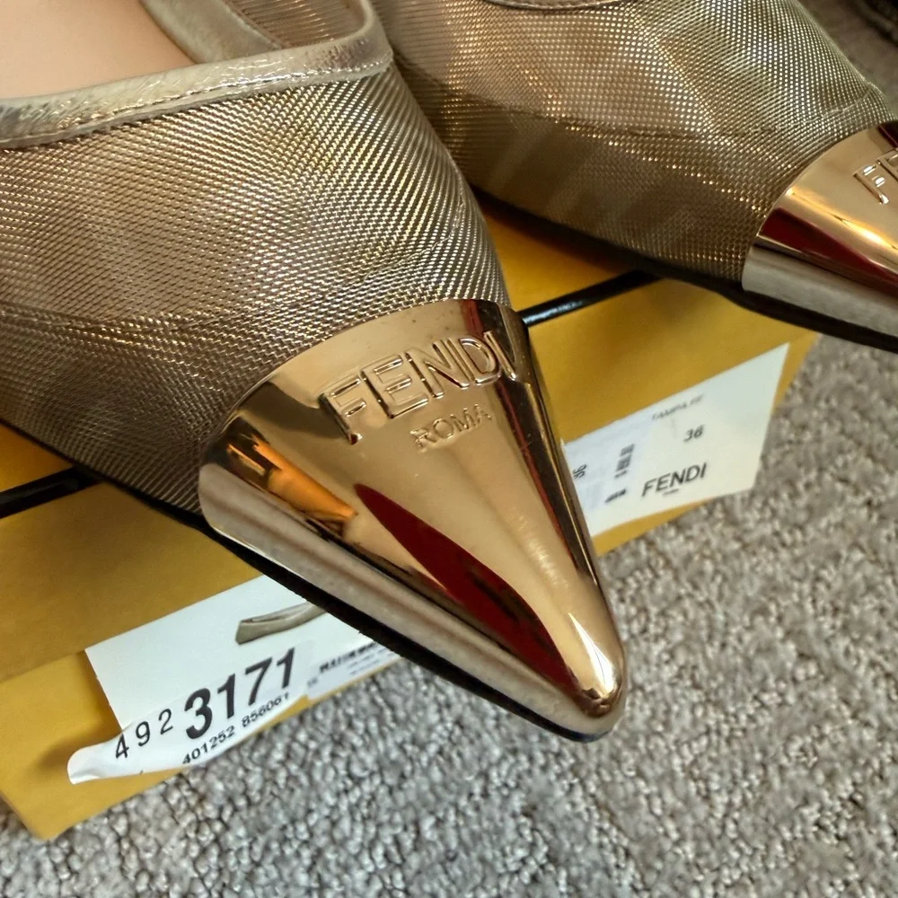FENDI Colibri Ballerina FF Logo Mesh Pointed Cap Toe Ballet Flats Shoes